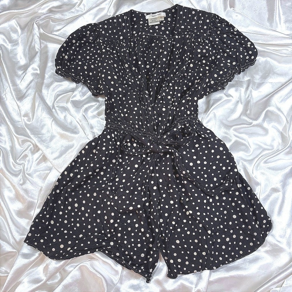 y2k blouse Black Excellent Polka Dot Sophie Max Rayon Lace Trim Tie Waist